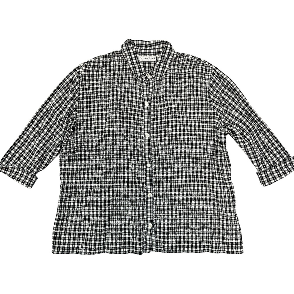 VTG Gingham Victoria Jones‎ Womens 90s Blouse 3/4 Sleeve Stretch Cotton Size M